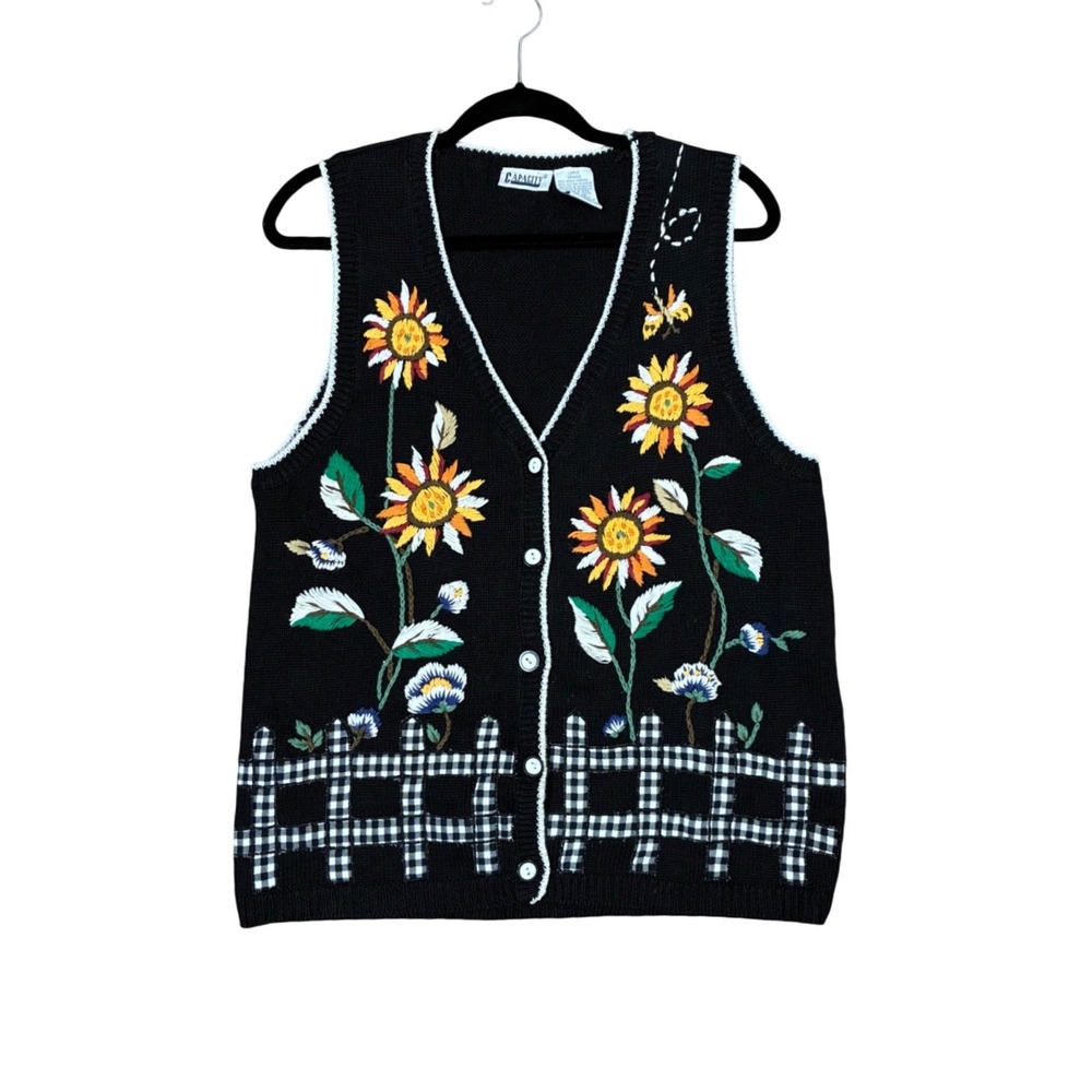 Capacity Vintage Black Knit Sunflower Bee Embroidered Sweater Vest Large